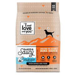 I AND LOVE AND YOU baked-saucy-dry-dog-food chicken-pot kibble with bone broth coating for flavor.
