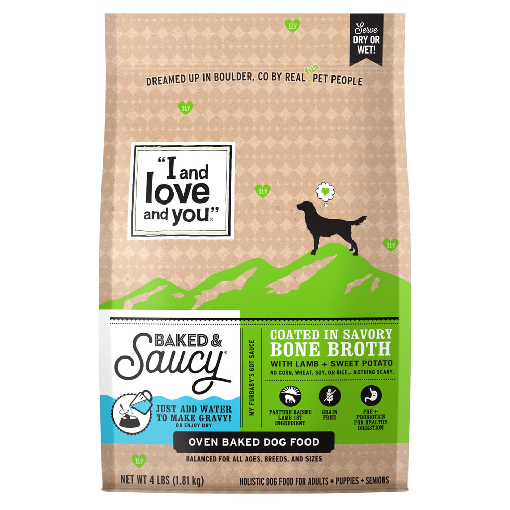 I AND LOVE AND YOU lamb and sweet potato kibble coated in bone broth for flavor.