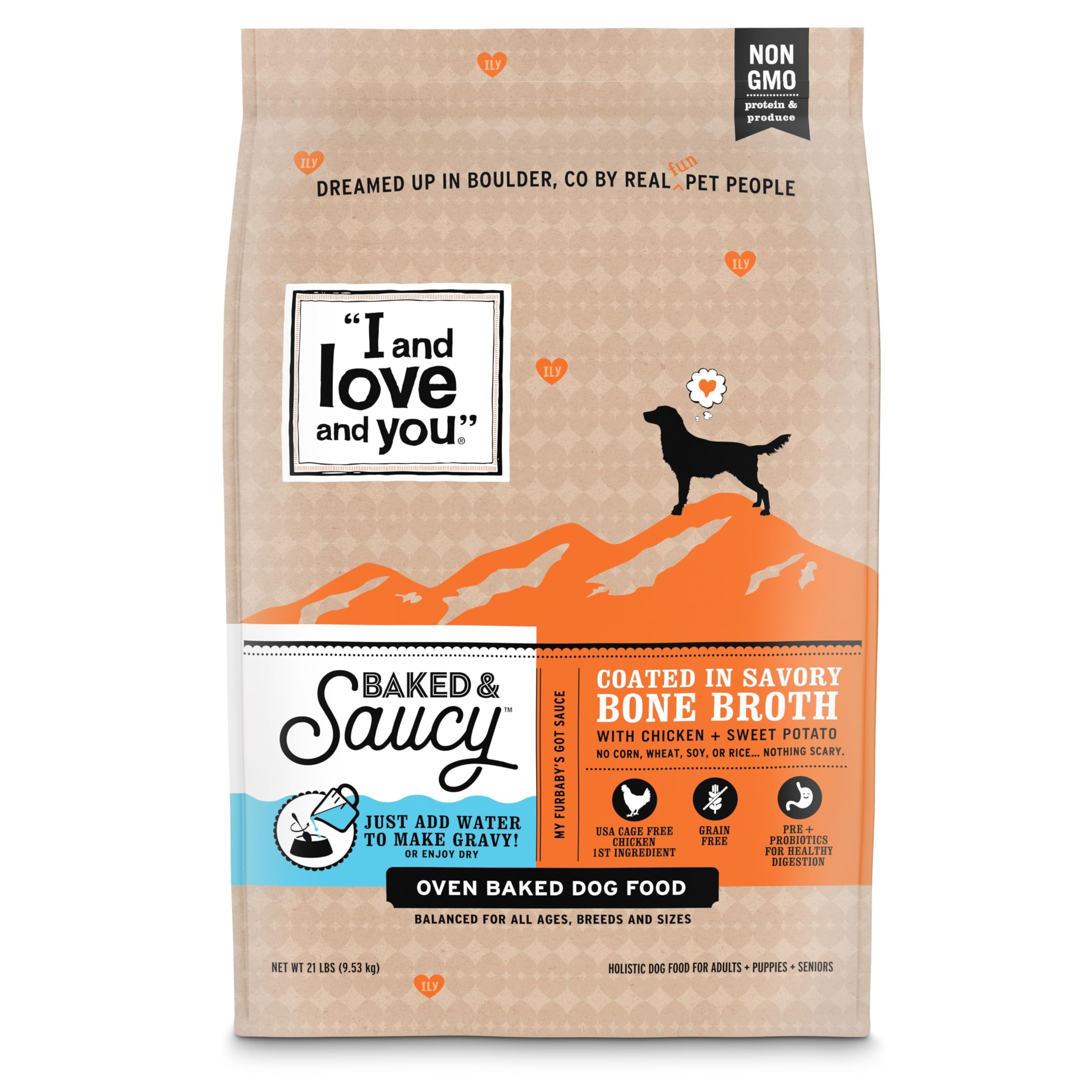 I and Love and You baked-saucy-heart-kibble, easy to serve dry or with water for gravy.