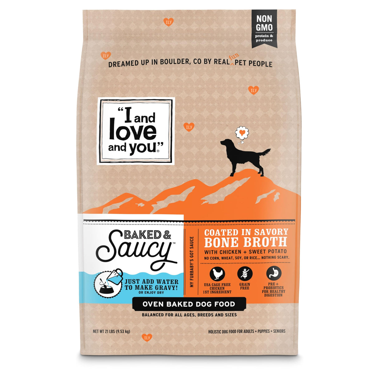 I and Love and You baked-saucy-heart-kibble, easy to serve dry or with water for gravy.