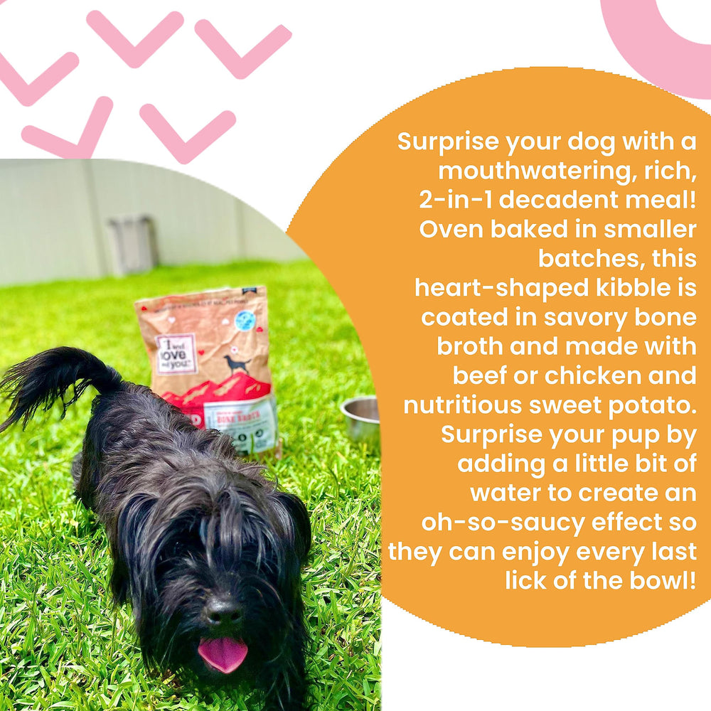 I AND LOVE AND YOU bone-broth-coated kibble enhances flavor and hydration.