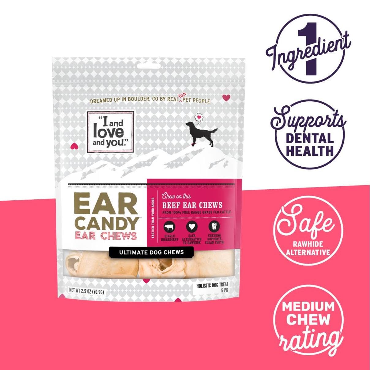 I and Love and You Ear Candy Cow Ear Chews jumbo size offers a long-lasting chew experience for dogs.