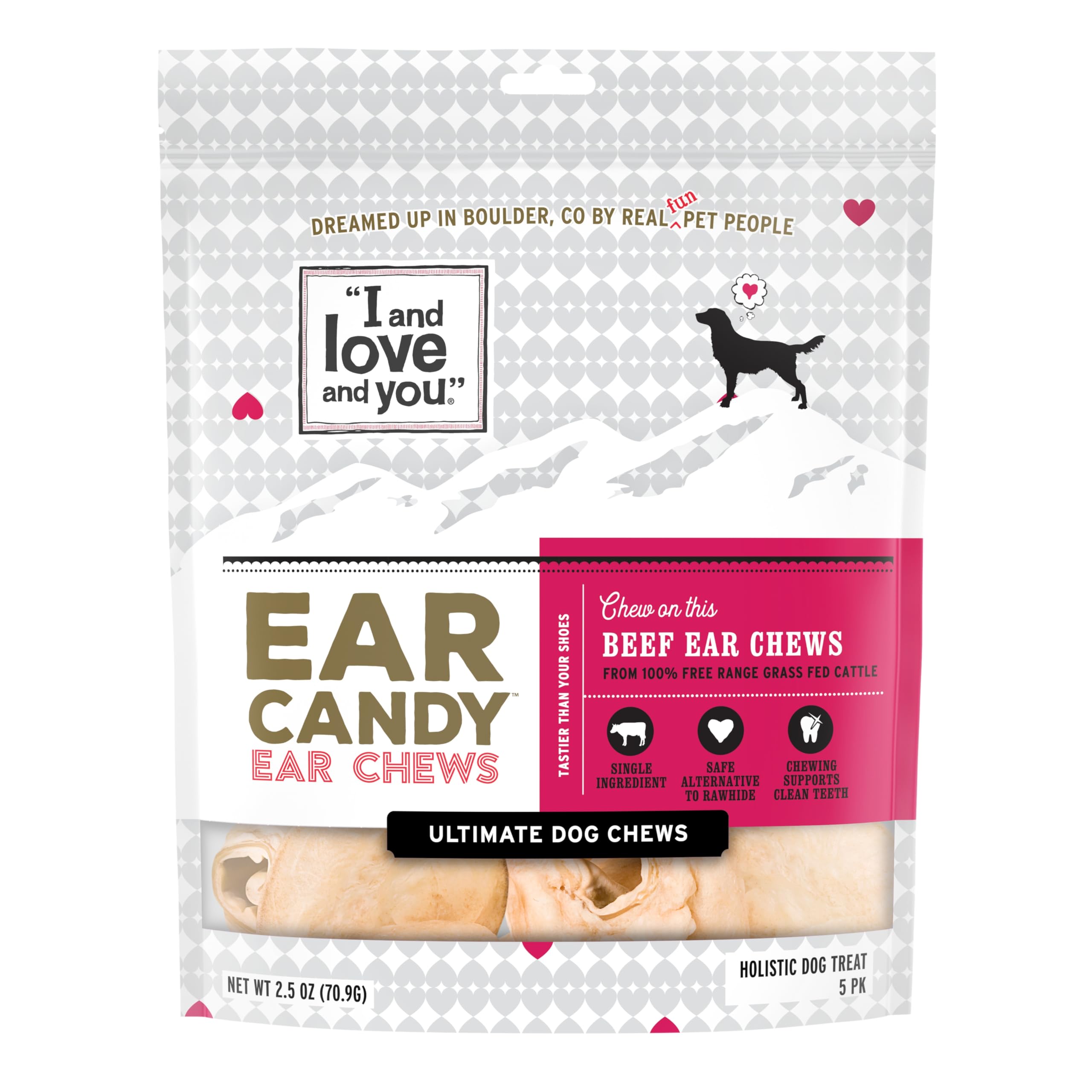 I and Love and You Ear Candy Cow Ear Chews pack shot for a single-ingredient beef chew.