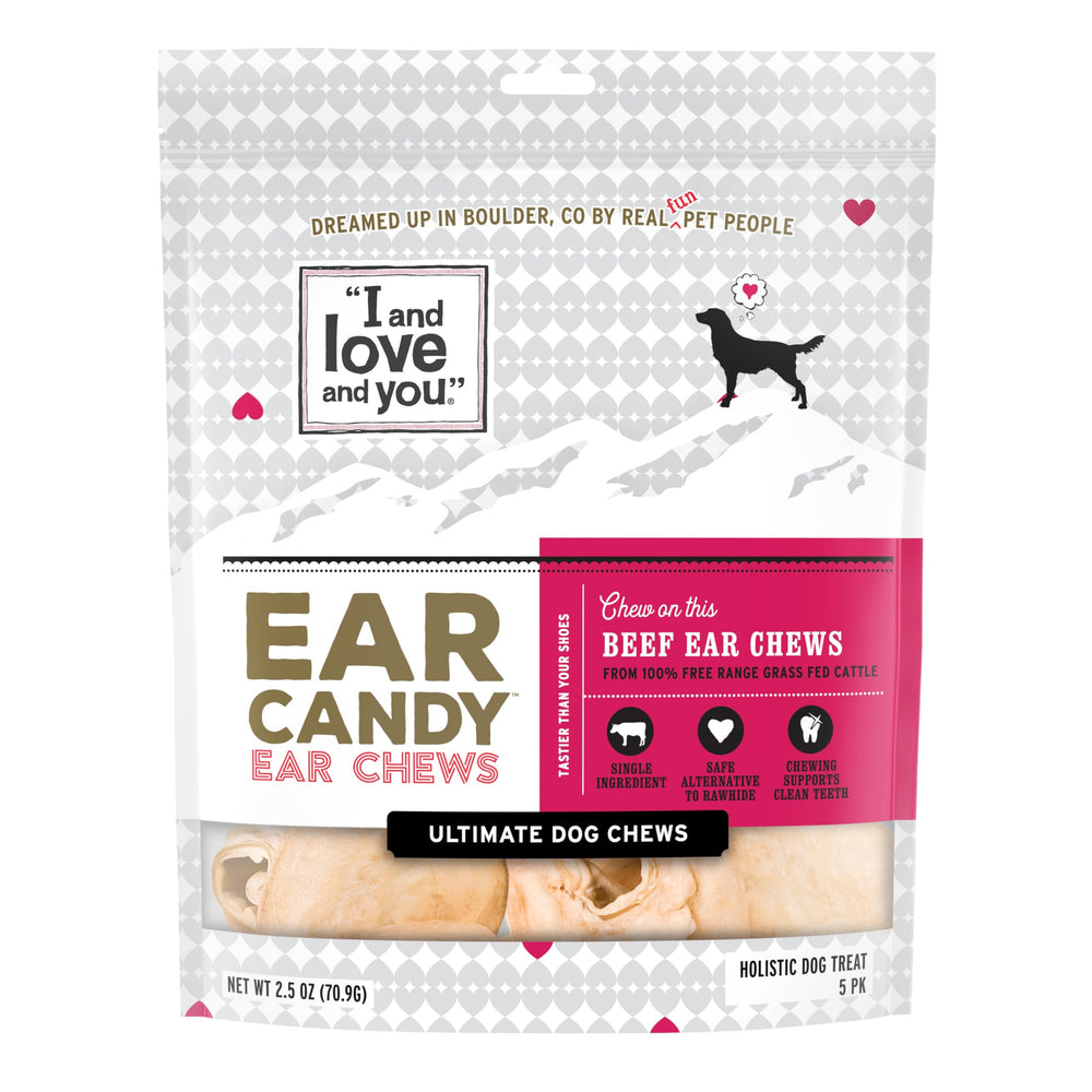 I and Love and You Ear Candy Cow Ear Chews pack shot for a single-ingredient beef chew.