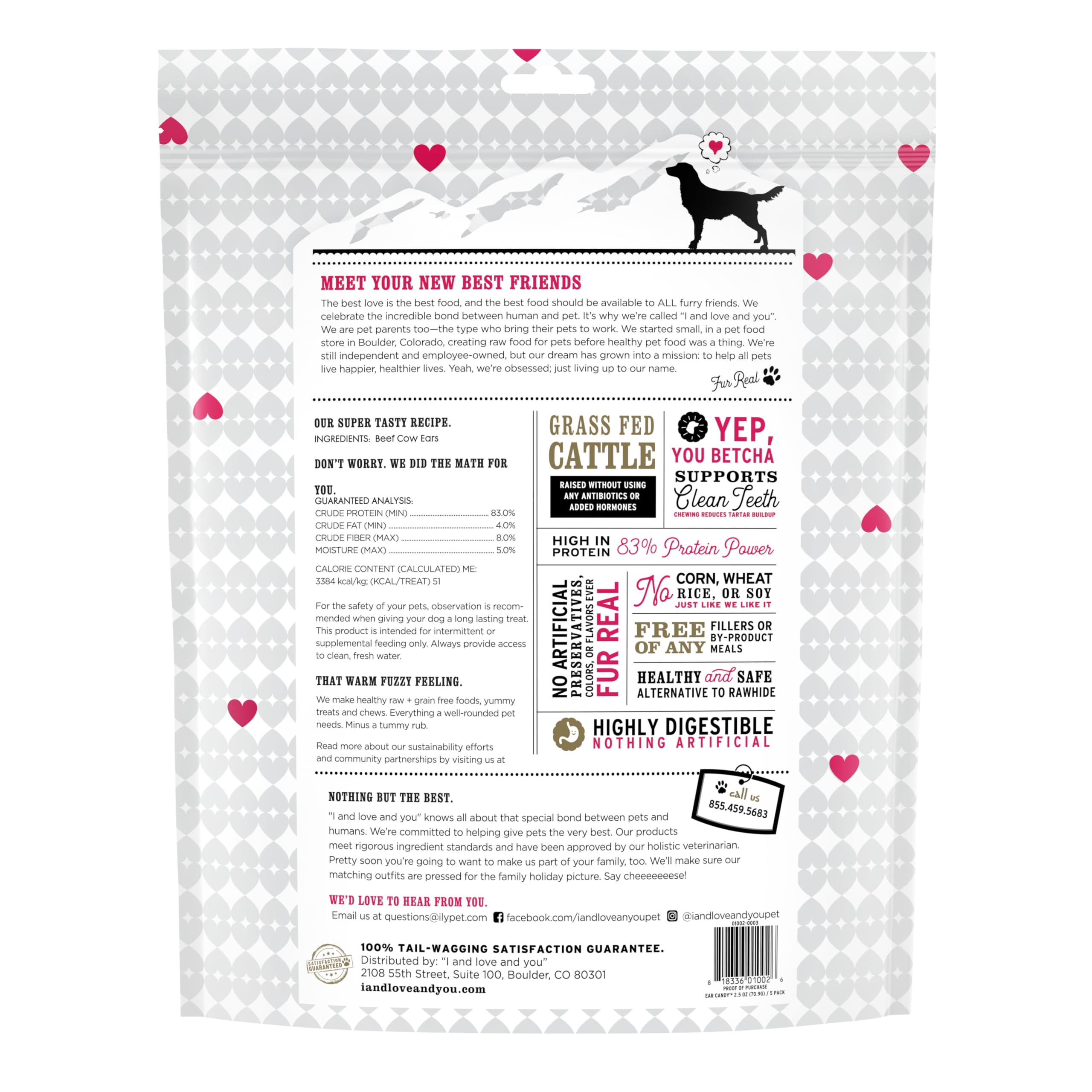 I and Love and You Ear Candy Cow Ear Chews rawhide alternative highlights natural beef only.