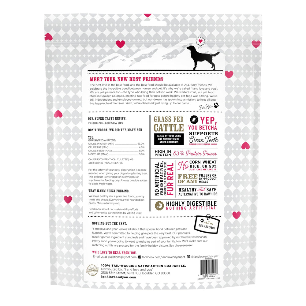 I and Love and You Ear Candy Cow Ear Chews rawhide alternative highlights natural beef only.