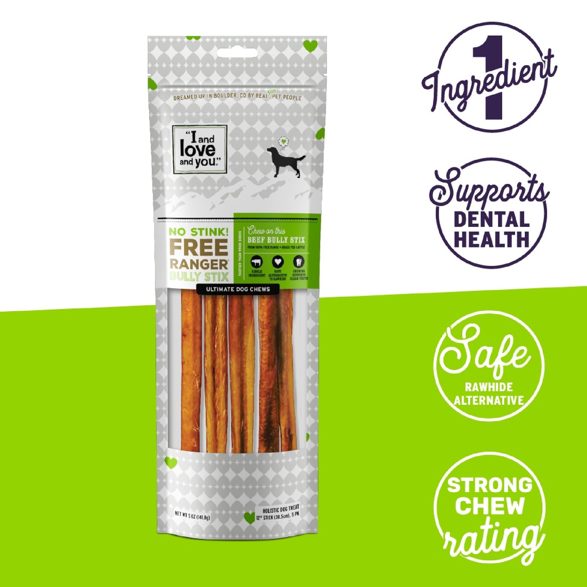 I and Love and You Free Range Grass-Fed Beef Bully Stix packaging highlights natural flavor.
