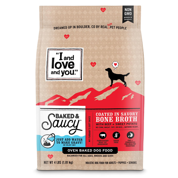 I AND LOVE AND YOU heart-shaped beef-sweet-potato kibble supports protein for active dogs.