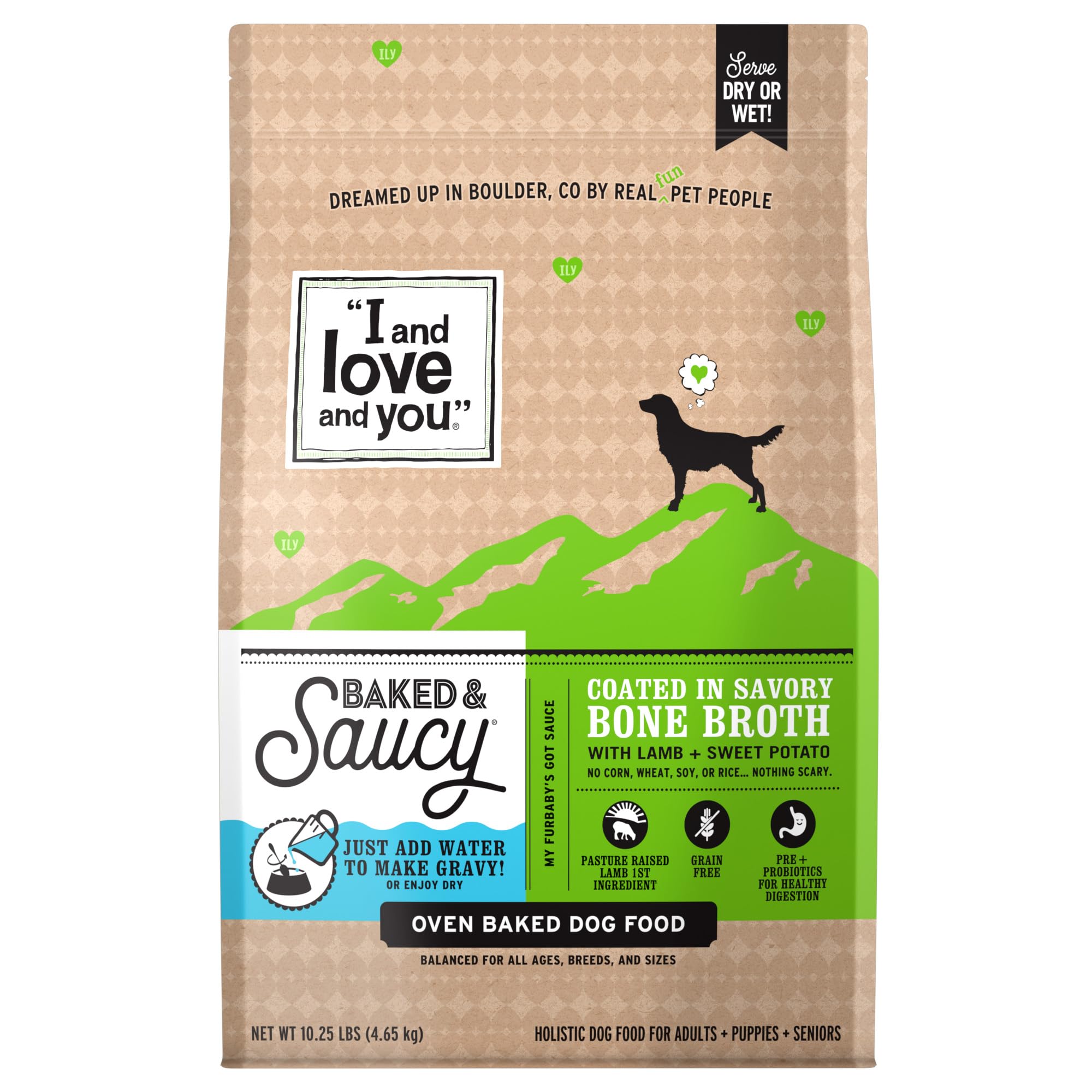 I AND LOVE AND YOU Lamb + Sweet Potato dry kibble bites for protein-rich meals.