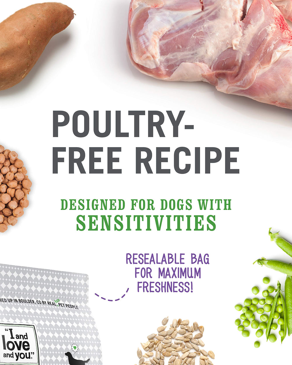 I and Love and You Lovingly Simple Grain-Free Formula avoids grains for sensitive stomachs.