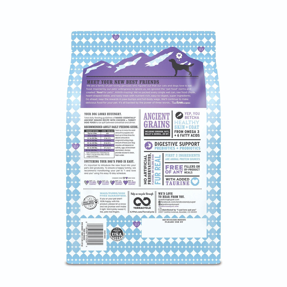 I and love and you Naked Ancient Grains kibble close-up highlighting texture and protein bites