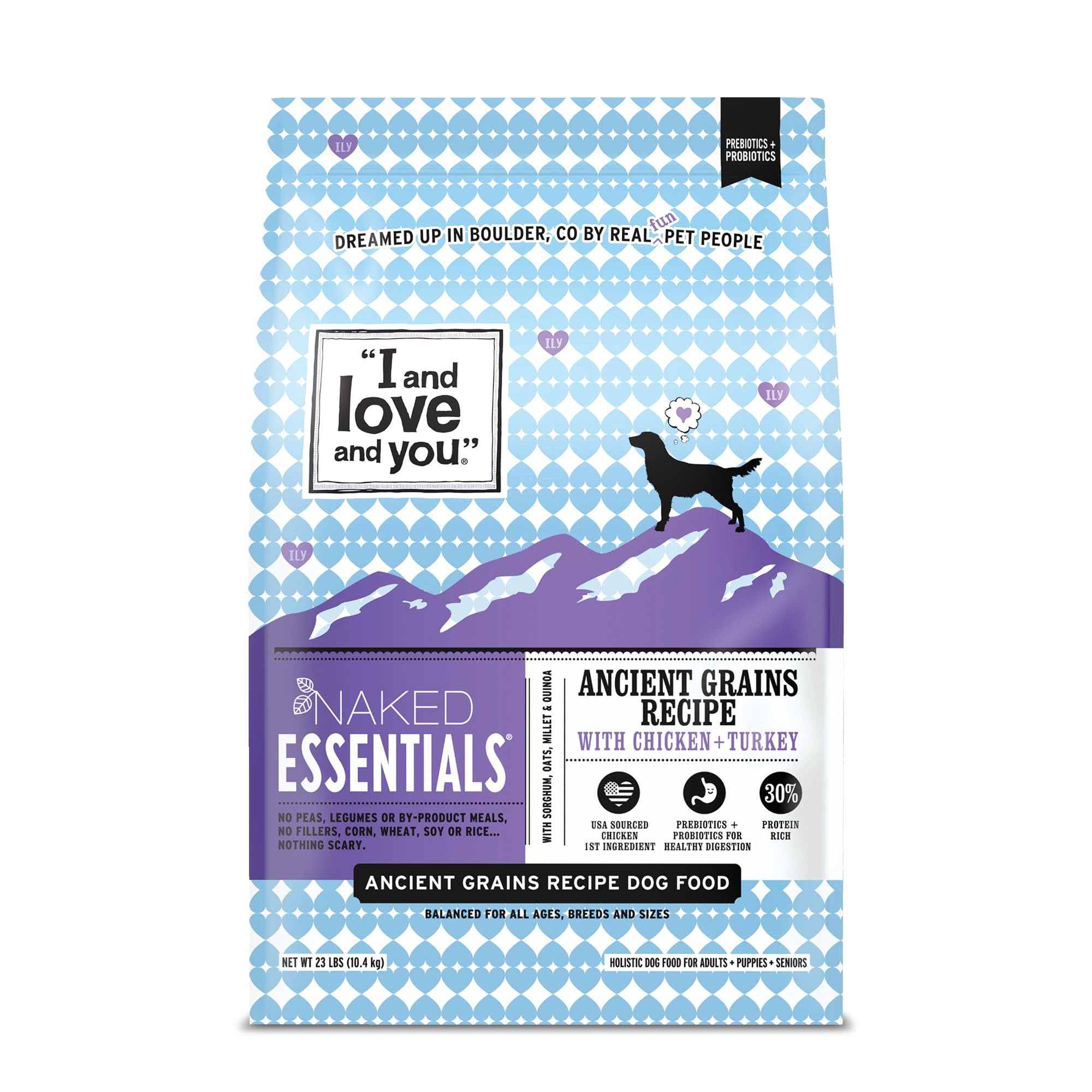 I and Love and You Naked Essentials bag front with real chicken and turkey for an active dog.