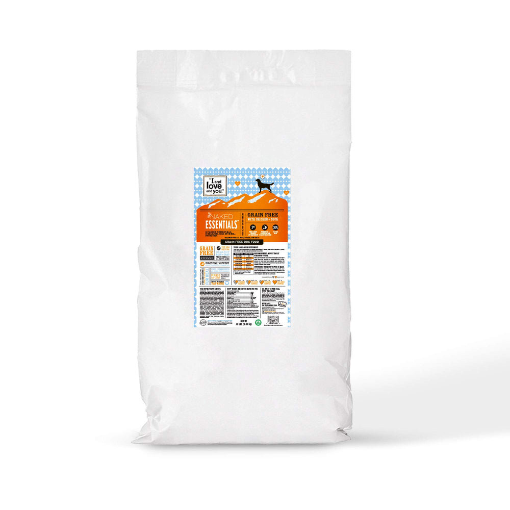 I and Love and You Naked Essentials kibble bag with chicken and duck for grain-free nutrition.
