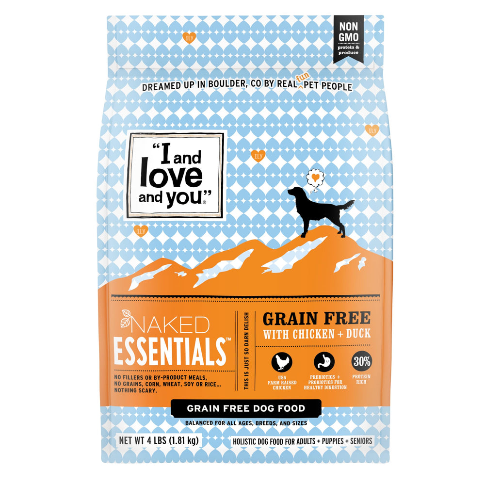 I and love and you Naked Essentials bag front with grain-free dog food for healthier meals