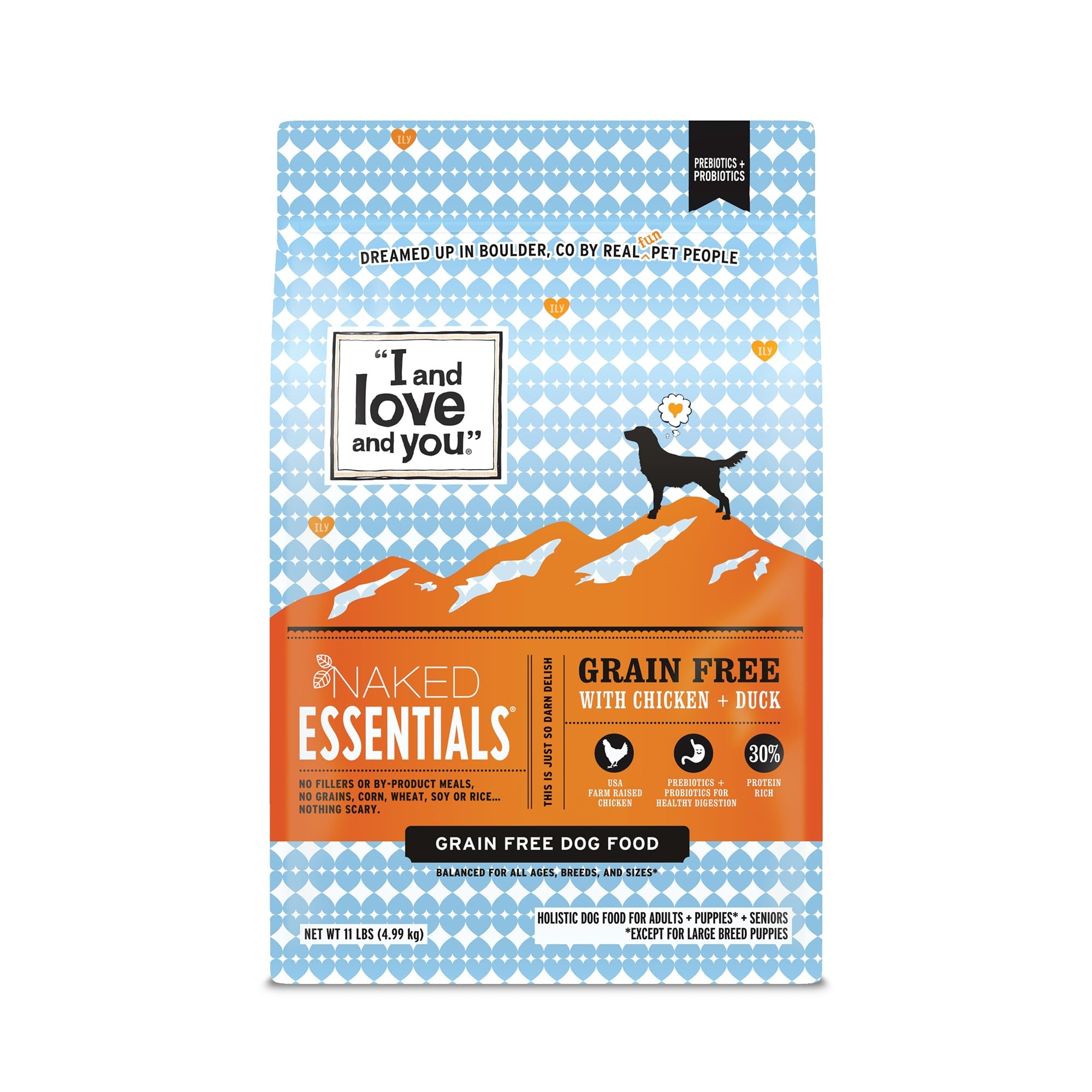I and Love and You Naked Essentials chicken-duck bites kibble for protein-rich meals.