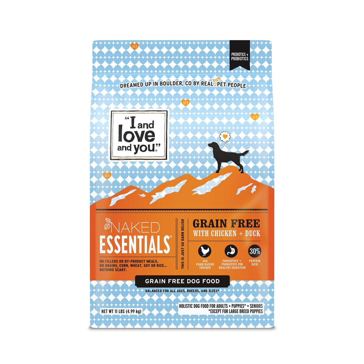 I and Love and You Naked Essentials chicken-duck bites kibble for protein-rich meals.