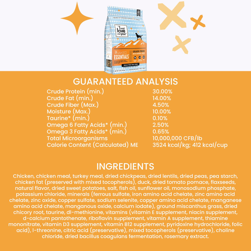 Grain-free badge on Naked Essentials packaging, no grains in ingredients