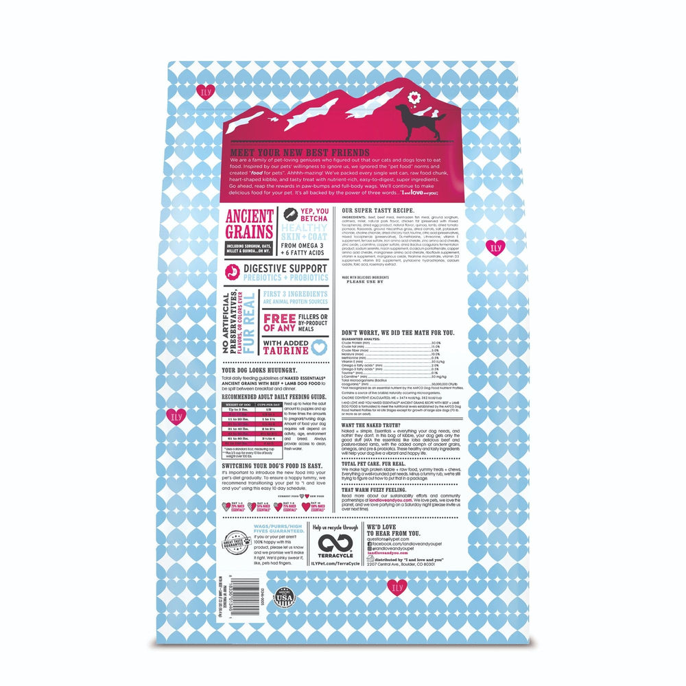 I and love and you Naked Essentials lamb-beef kibble close-up emphasizing high protein for muscle