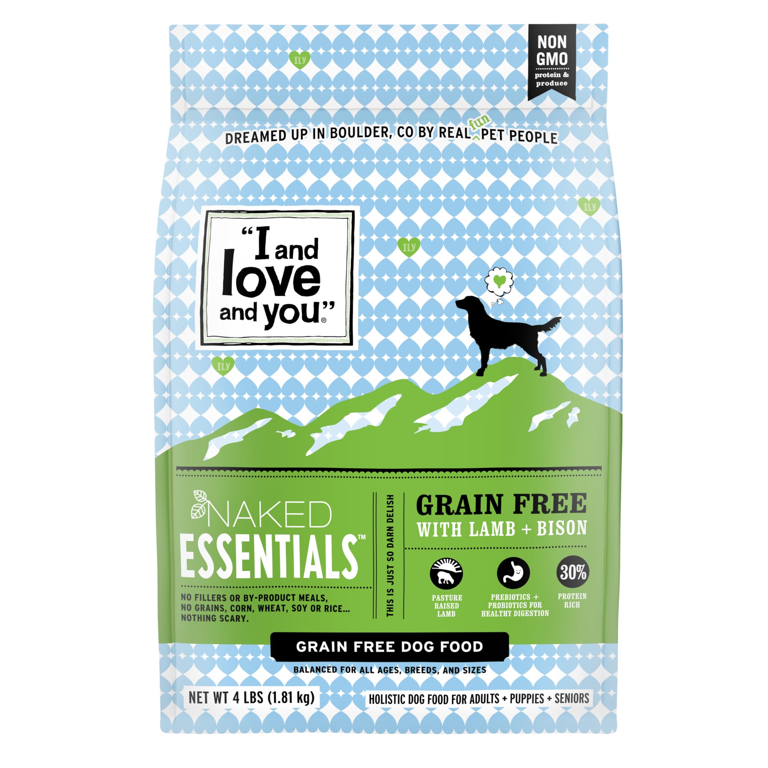 I and Love and You Naked Essentials lamb-bison bag highlights grain-free protein for lean dogs.