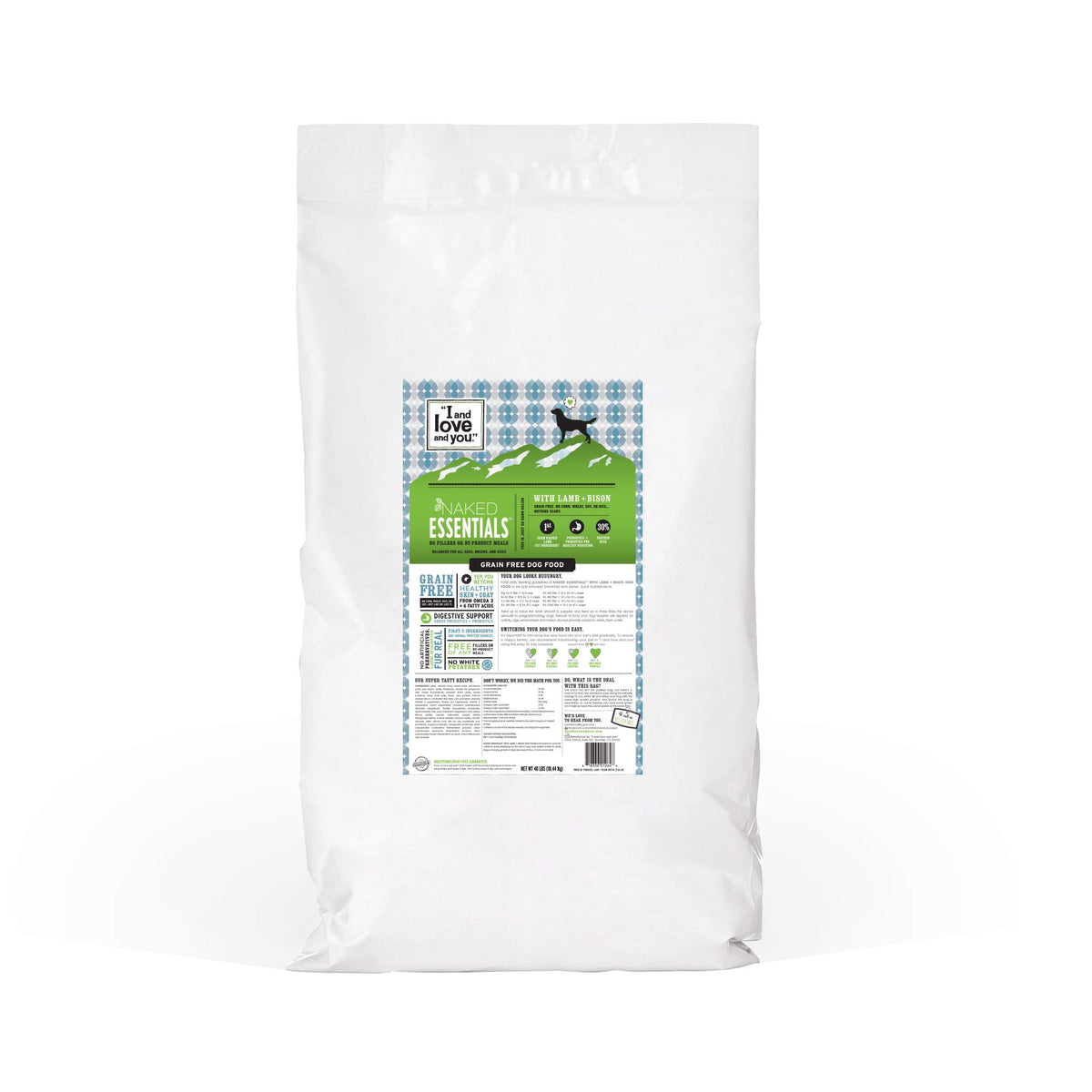 I and Love and You Naked Essentials lamb-bison kibble in a bag, protein-rich and grain-free.