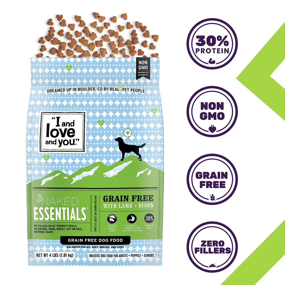 I and Love and You Naked Essentials lamb-bison kibble highlights meat-first formula for dogs.