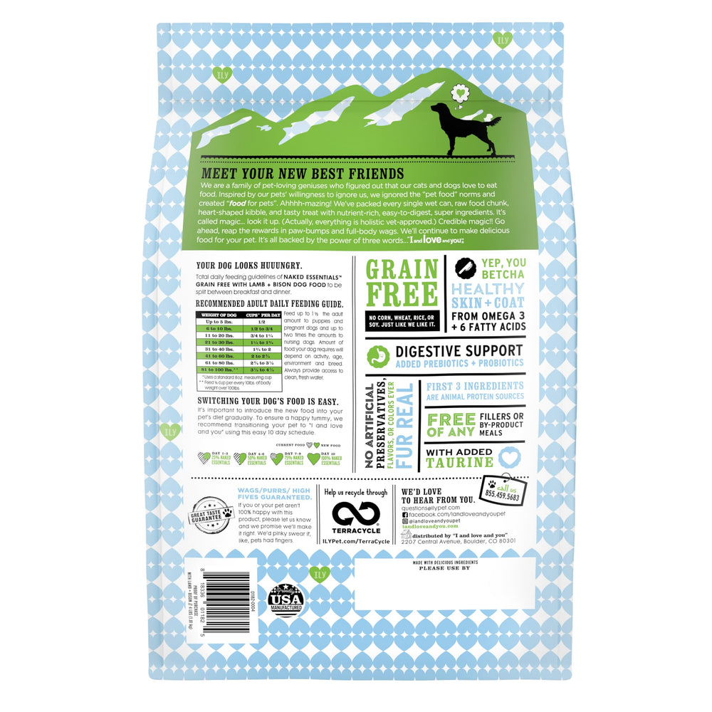 I and Love and You Naked Essentials protein-rich kibble for active dogs.