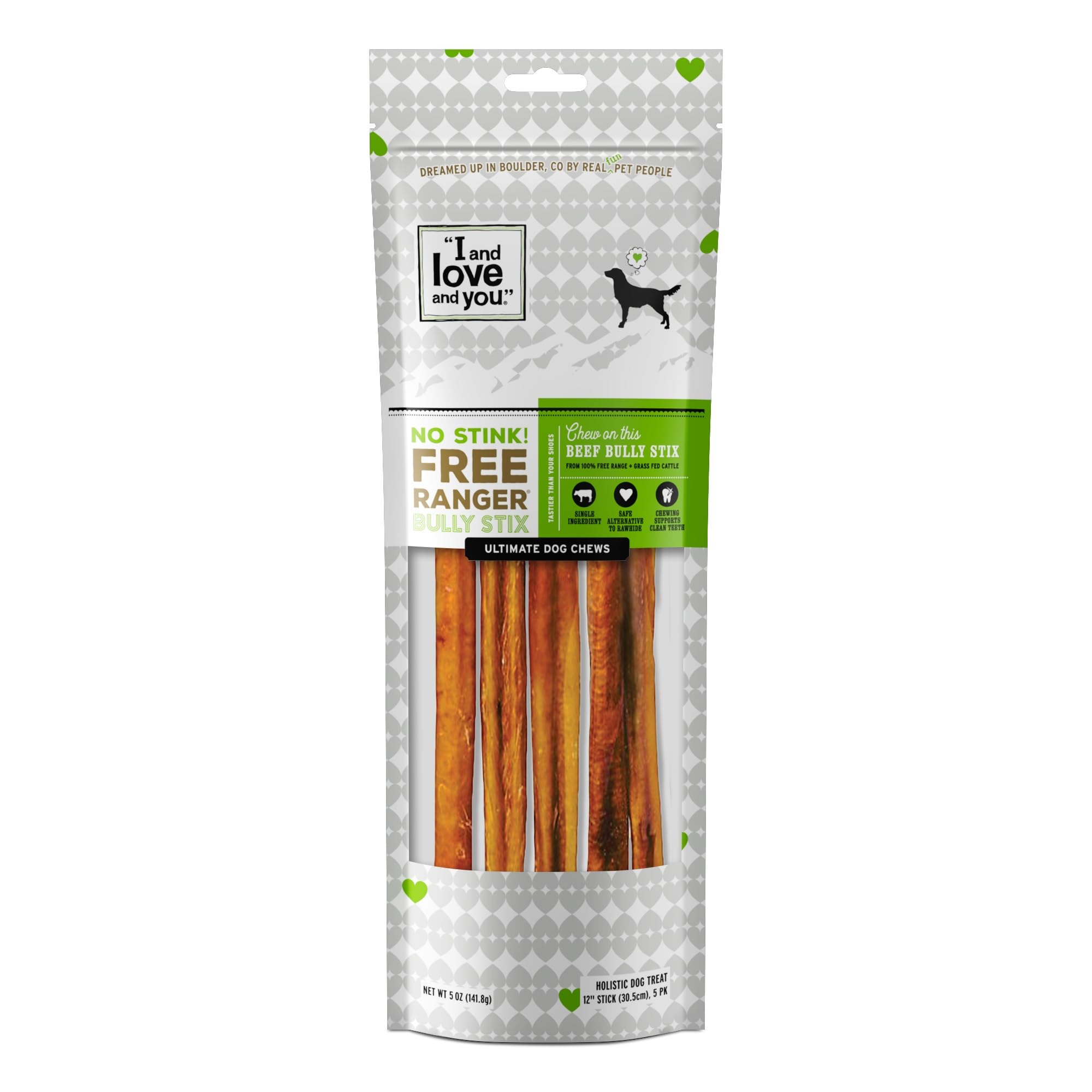 I and Love and You No Stink Ranger Bully Stix 12in pack offers mess-free chewing.