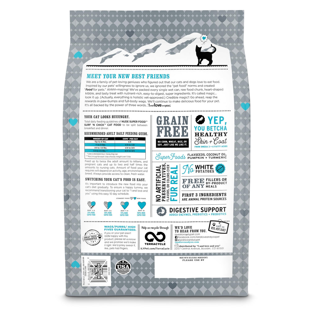 I and love and you Nude dry cat food front bag highlights grain-free, limited-ingredient recipe.