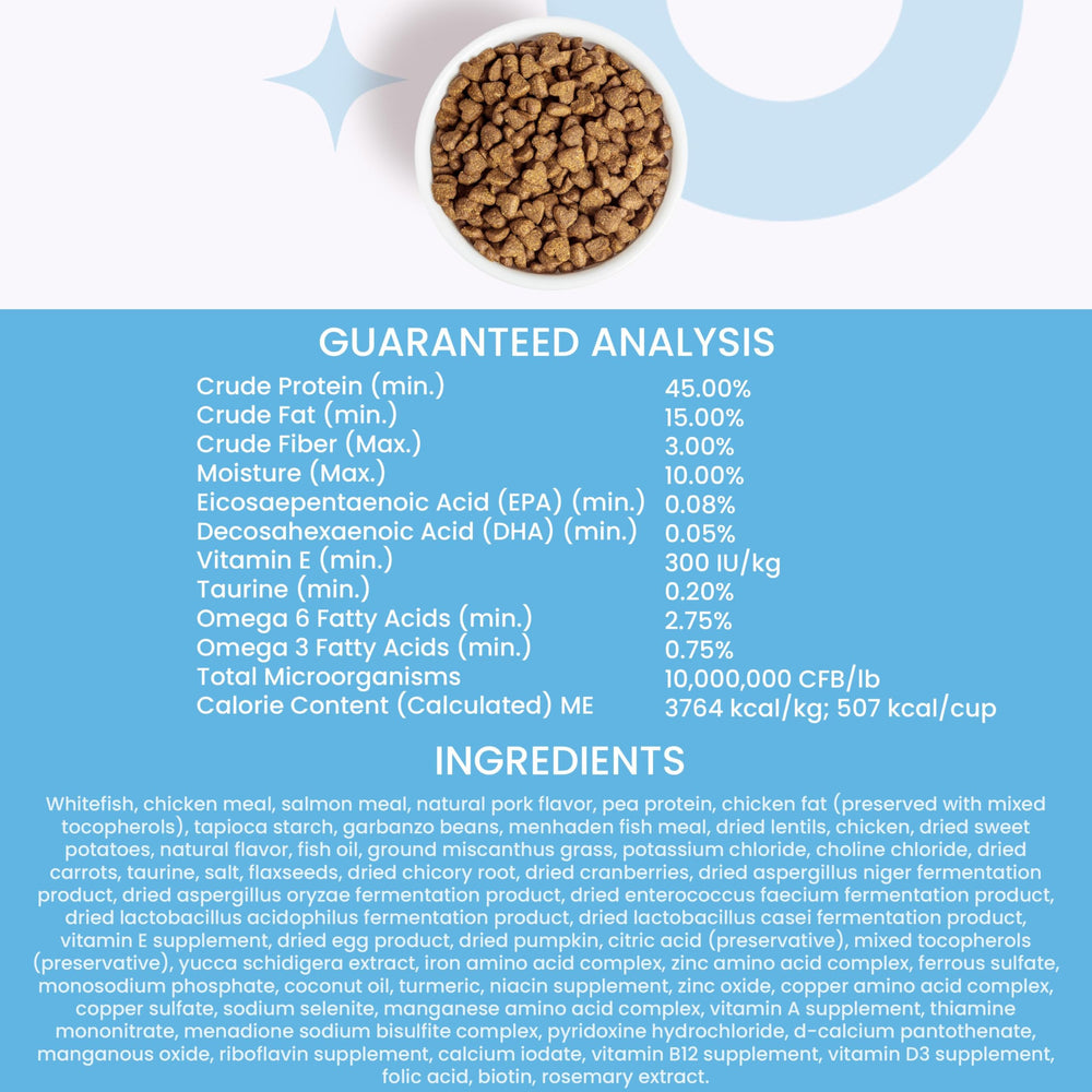 I and love and you Nude dry cat food superfoods close-up with flaxseed turmeric pumpkin.