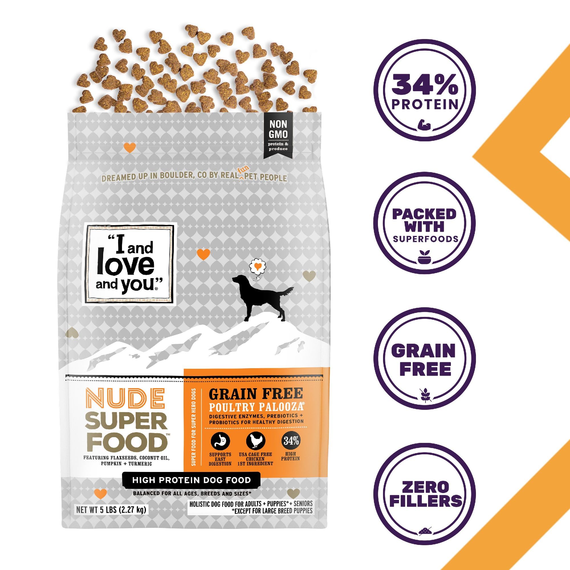 I and love and you Nude Super Food bag front highlights USA farm-raised meat benefits