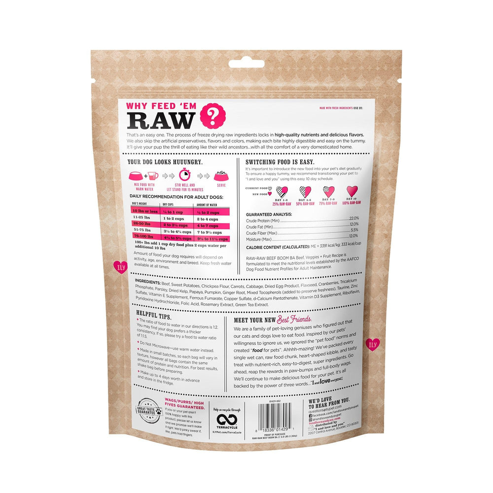 I AND LOVE AND YOU Stir and Boom raw-dog-food close-up highlights beef hearts as first ingredient.