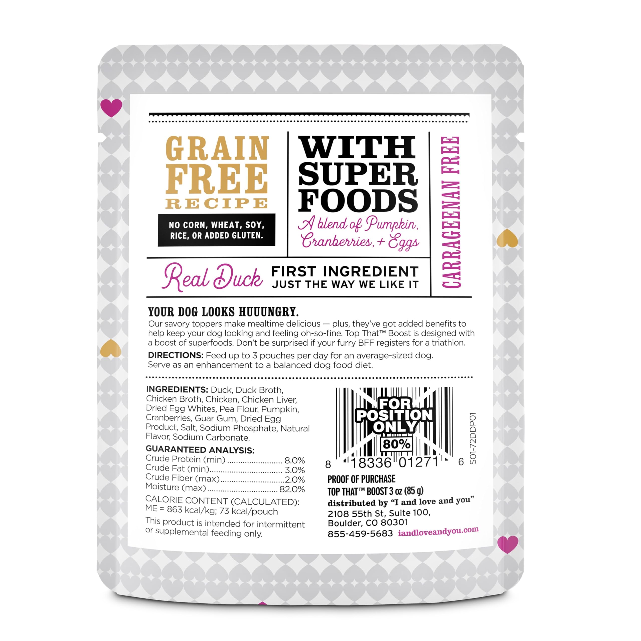 Close-up of duck chunks in I and love and you Top That Boost pouch, protein-packed