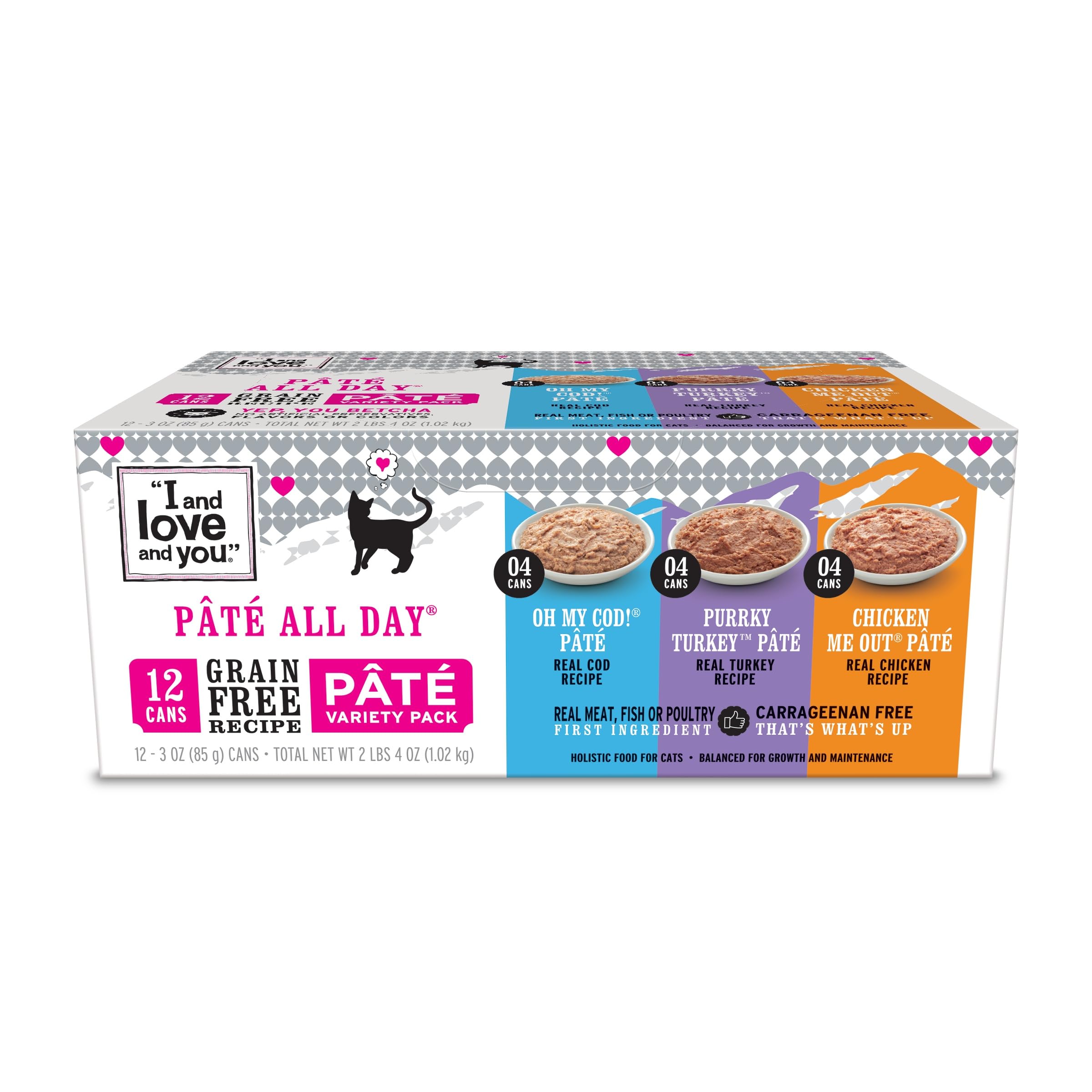I and LOVE AND YOU variety pack cans show rotating flavors for cats.