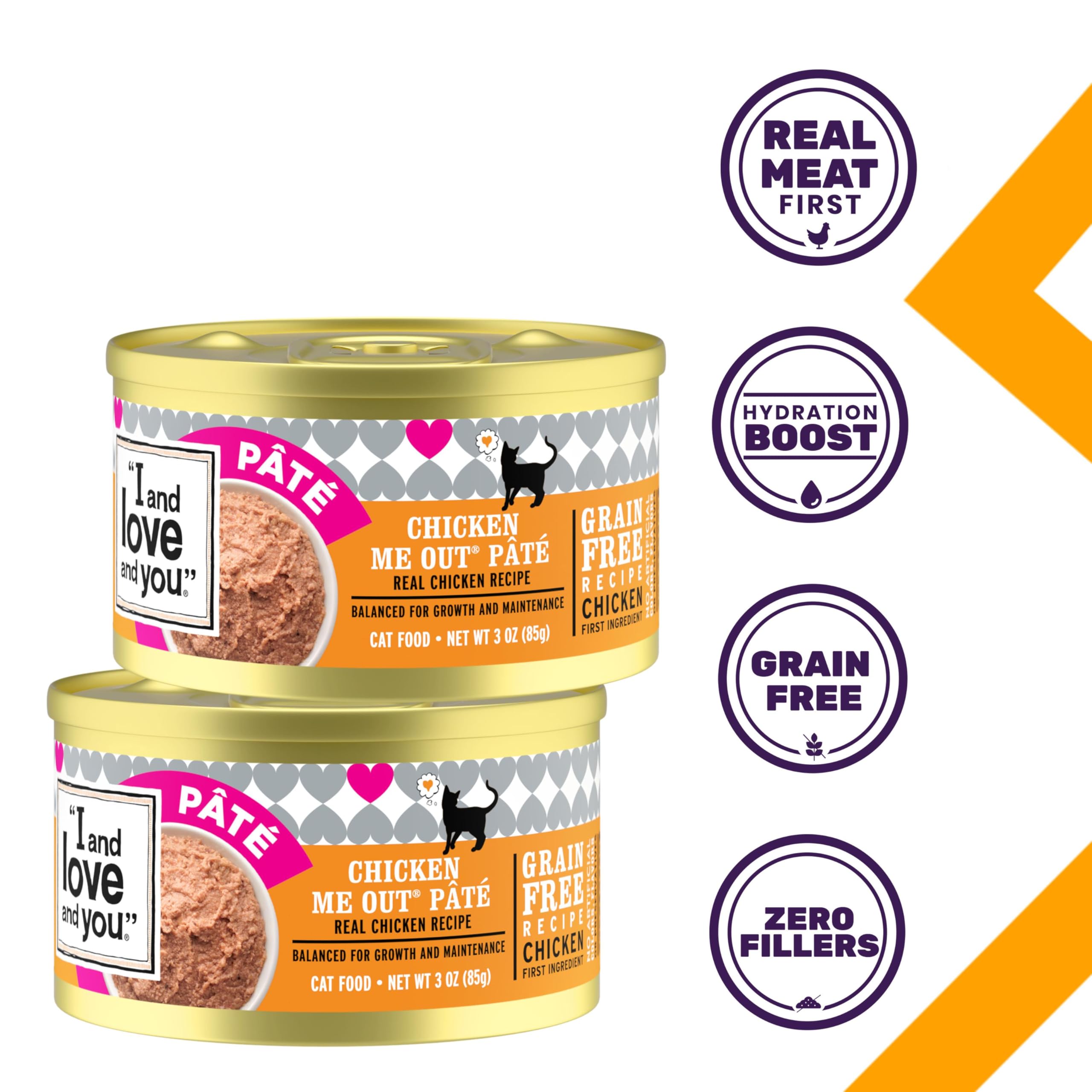 I and Love and You Wet Cat Food Chicken Me Out Pâté highlights grain-free and filler-free recipe.