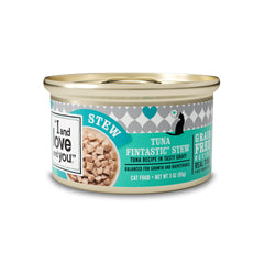 I and Love and You tuna fintastic stew can close-up highlighting chunky tuna protein for cats