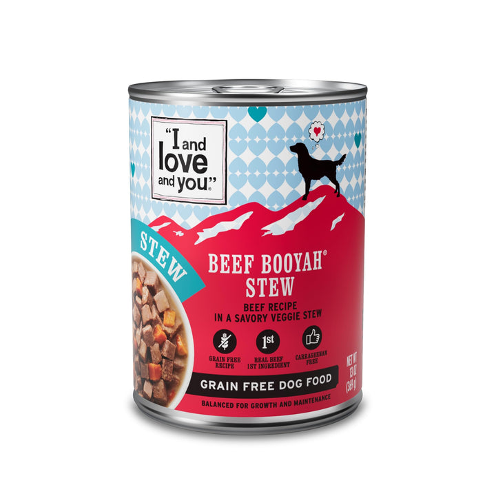 I and Love and You Beef Booyah Stew can with savory beef chunks for dogs