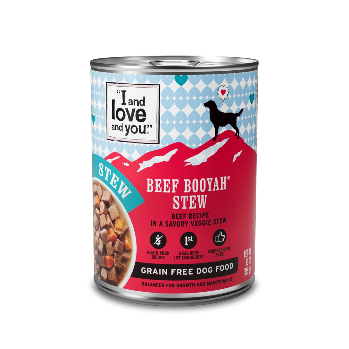 I and Love and You Beef Booyah Stew can with savory beef chunks for dogs