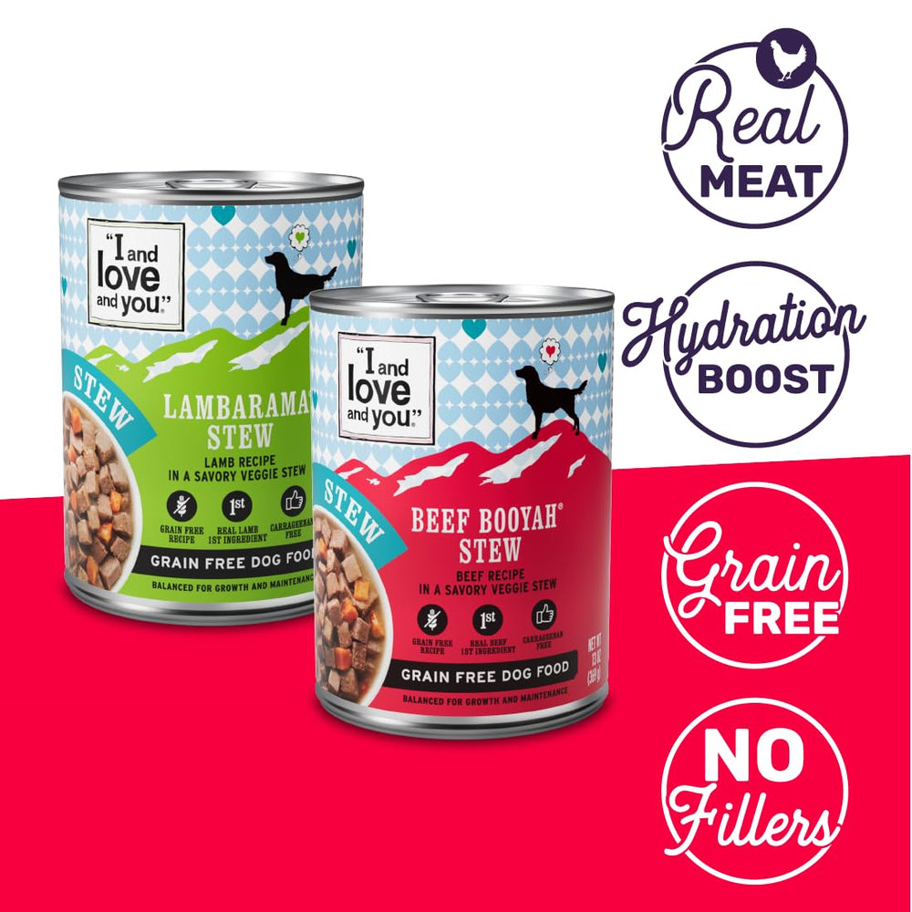 I and Love and You lamb wet dog food can, 13oz, showcasing high-protein option
