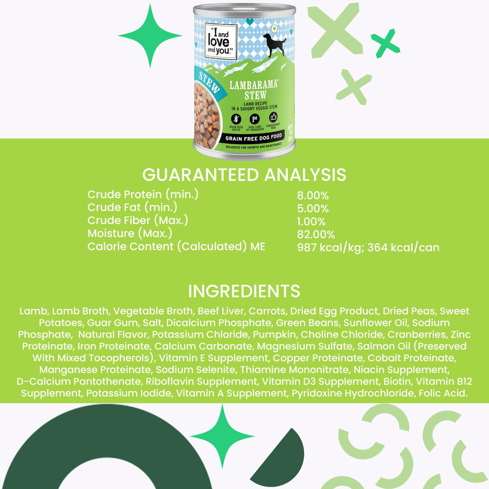 I and Love and You Lambarama Stew grain-free label emphasizing no grains