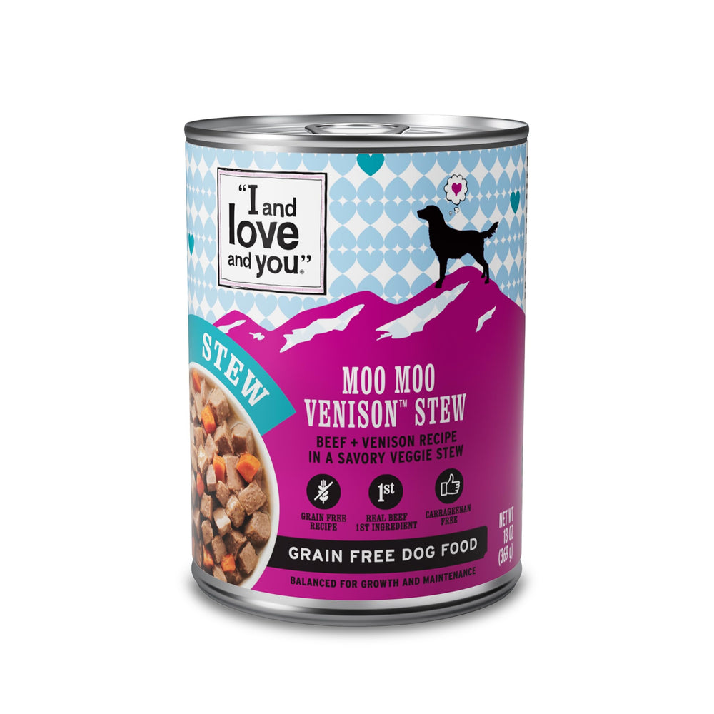 I and Love and You Moo Moo Venison Stew wet dog food can for tasty hydration