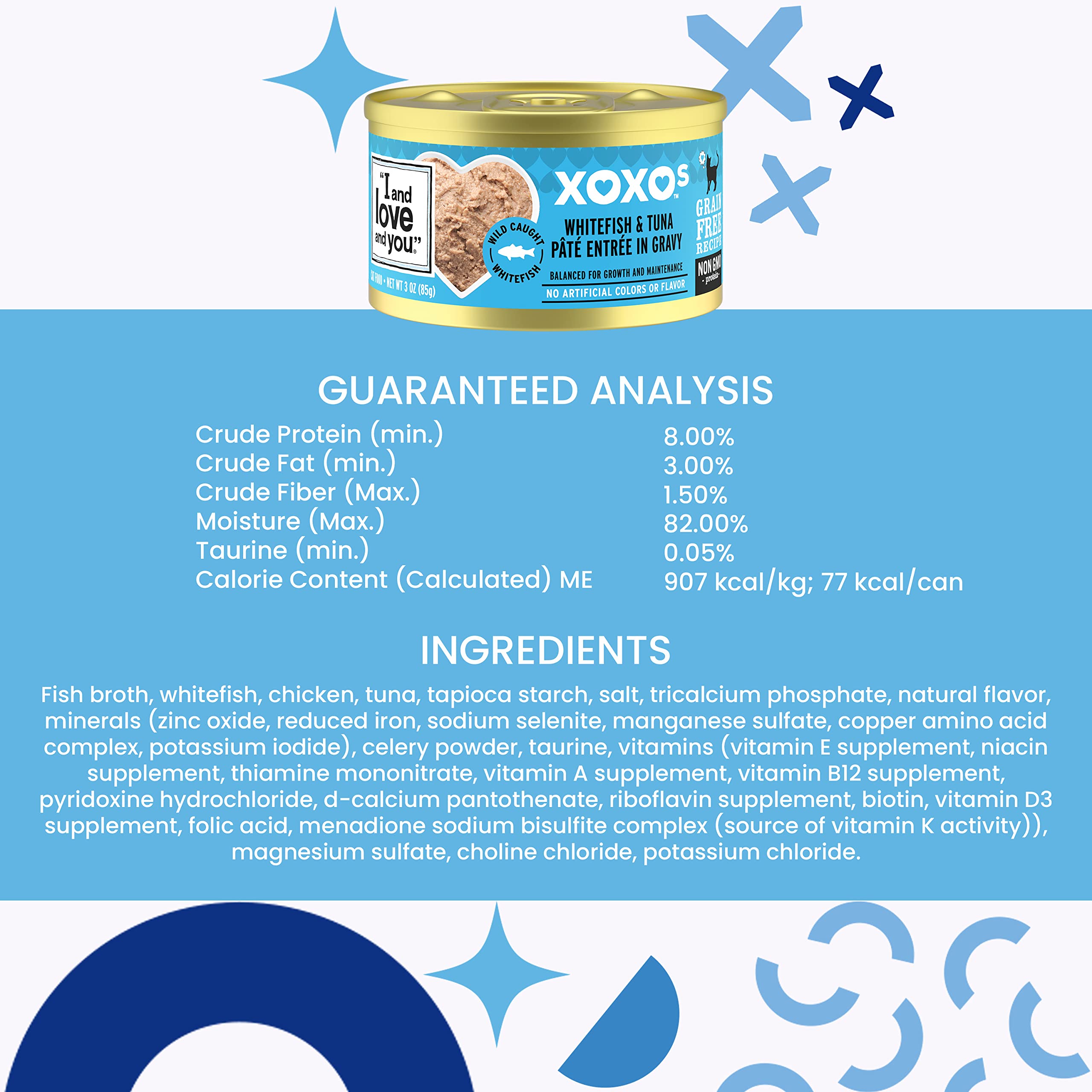 Grain-free XOXOs formula label shows no corn, wheat, or oats for sensitive cats.