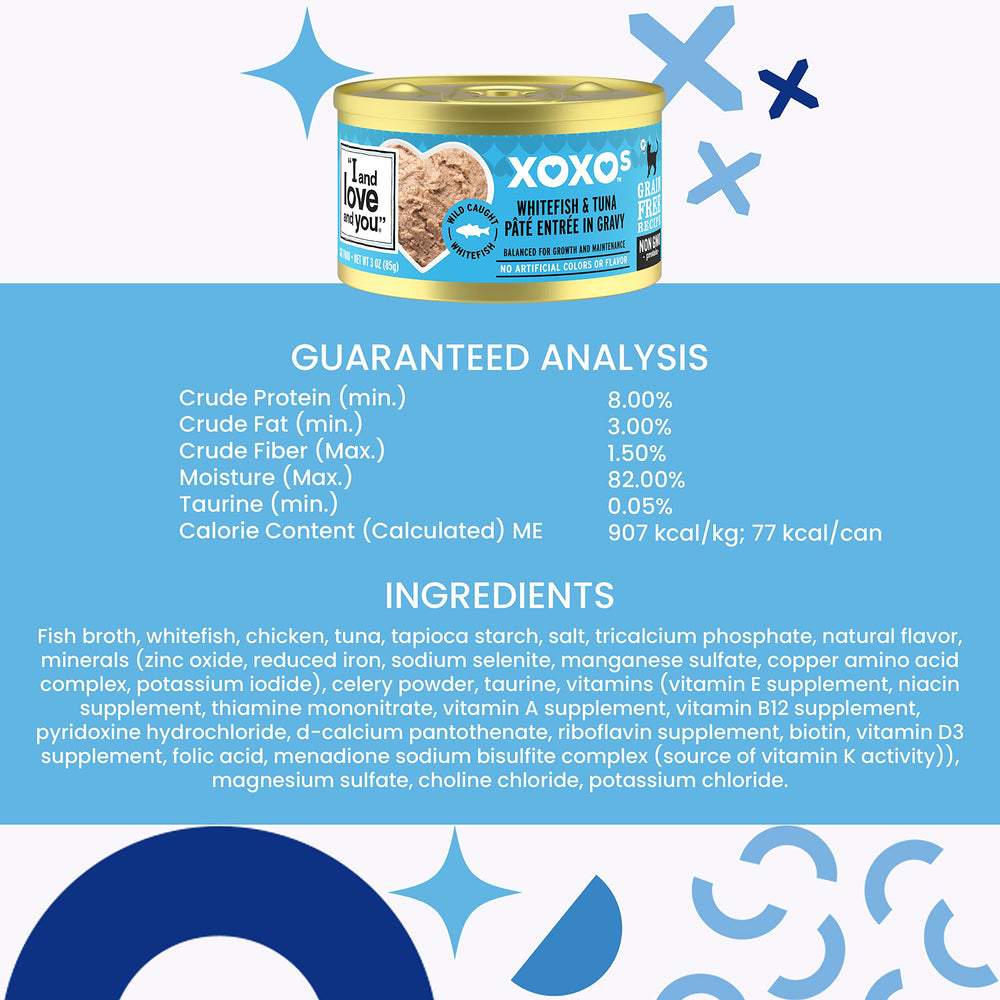 Grain-free XOXOs formula label shows no corn, wheat, or oats for sensitive cats.