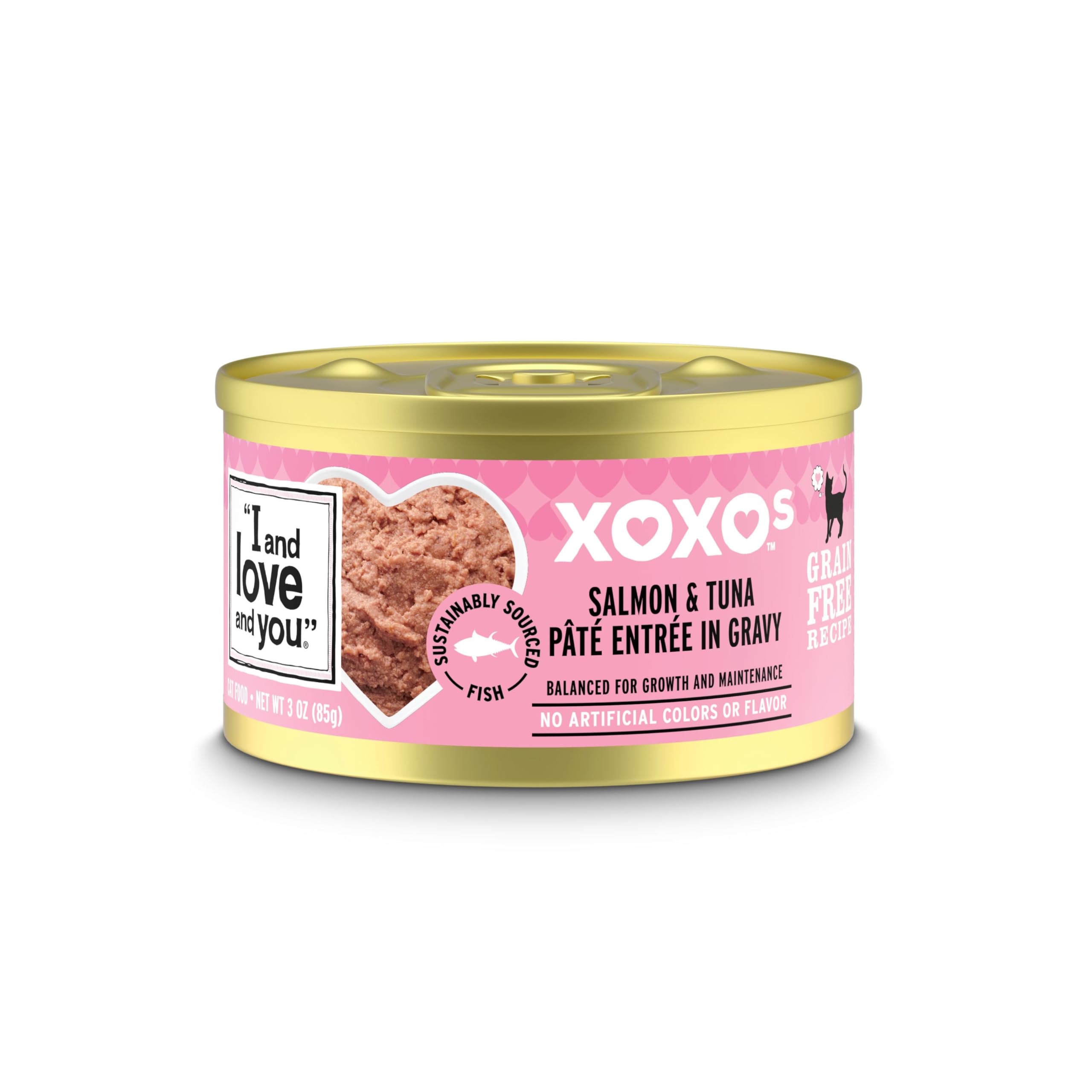 I AND LOVE AND YOU XOXOs wet cat food salmon-tuna pate can showing real protein boost