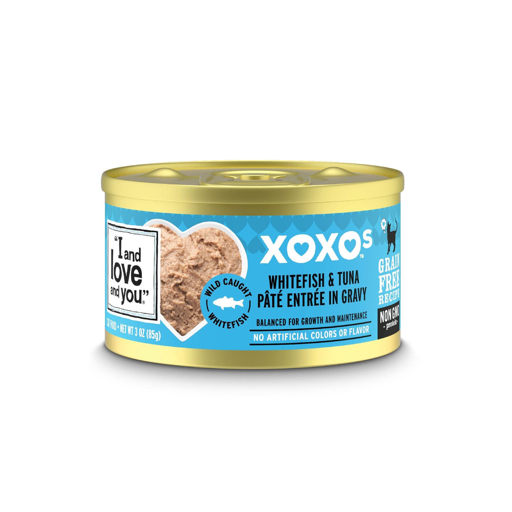 I AND LOVE AND YOU XOXOs wet cat food can with whitefish and tuna pâté, protein-packed for meals.