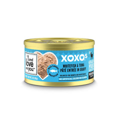 I AND LOVE AND YOU XOXOs wet cat food can with whitefish and tuna pâté, protein-packed for meals.