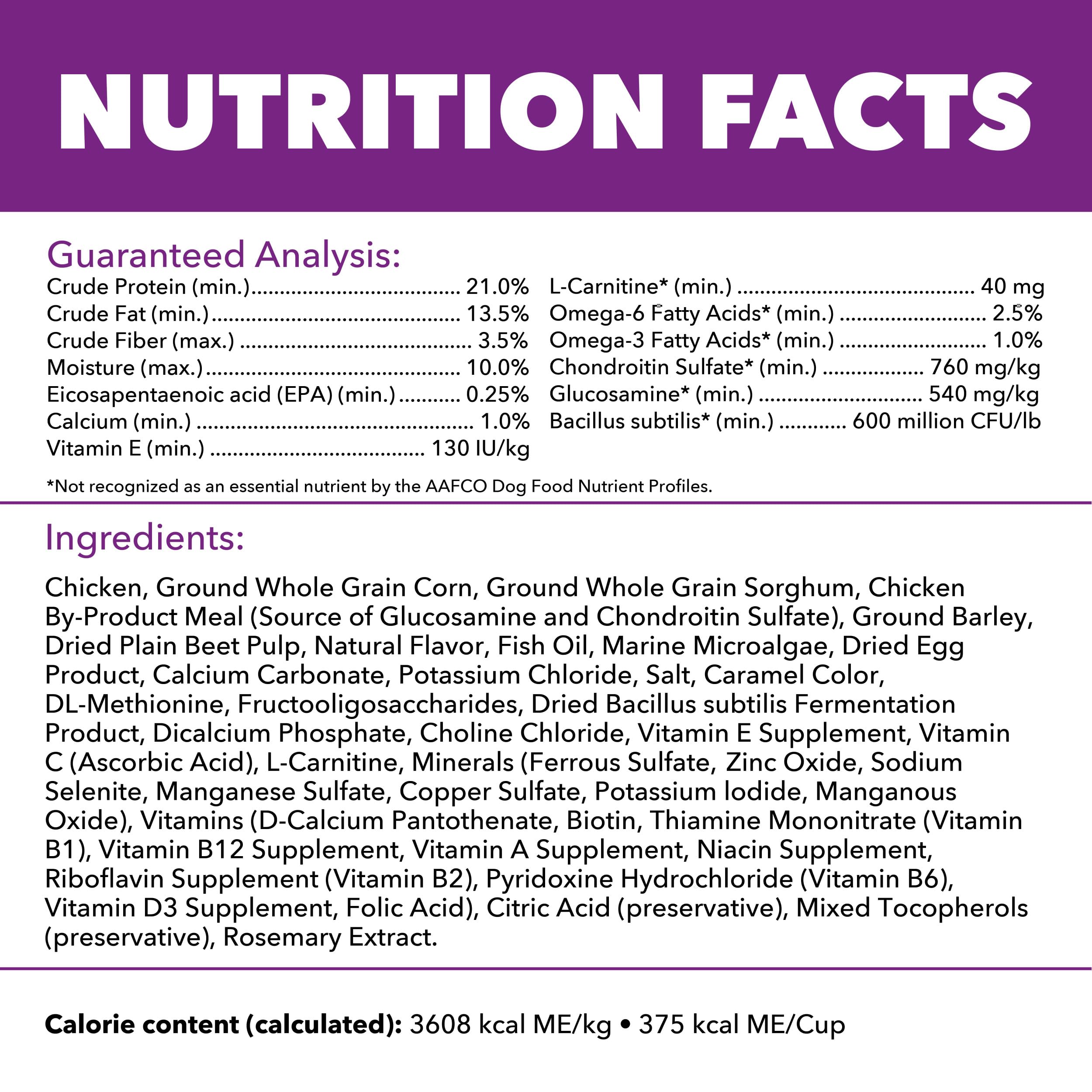 IAMS Advanced Health Mobility nutrition facts panel; EPA and omega-3 emphasis.