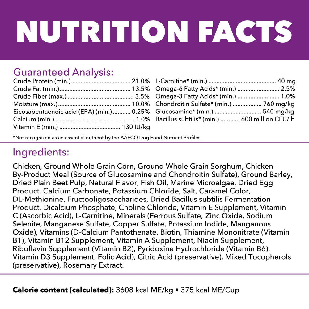 IAMS Advanced Health Mobility nutrition facts panel; EPA and omega-3 emphasis.