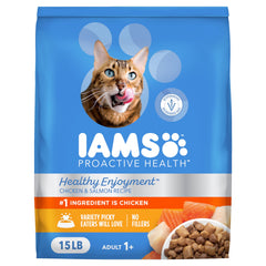 IAMS Healthy Enjoyment dry cat food bag with real chicken and salmon.