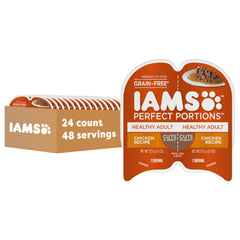 IAMS Perfect Portions chicken in gravy tray showing two easy portions for mess-free feeding.