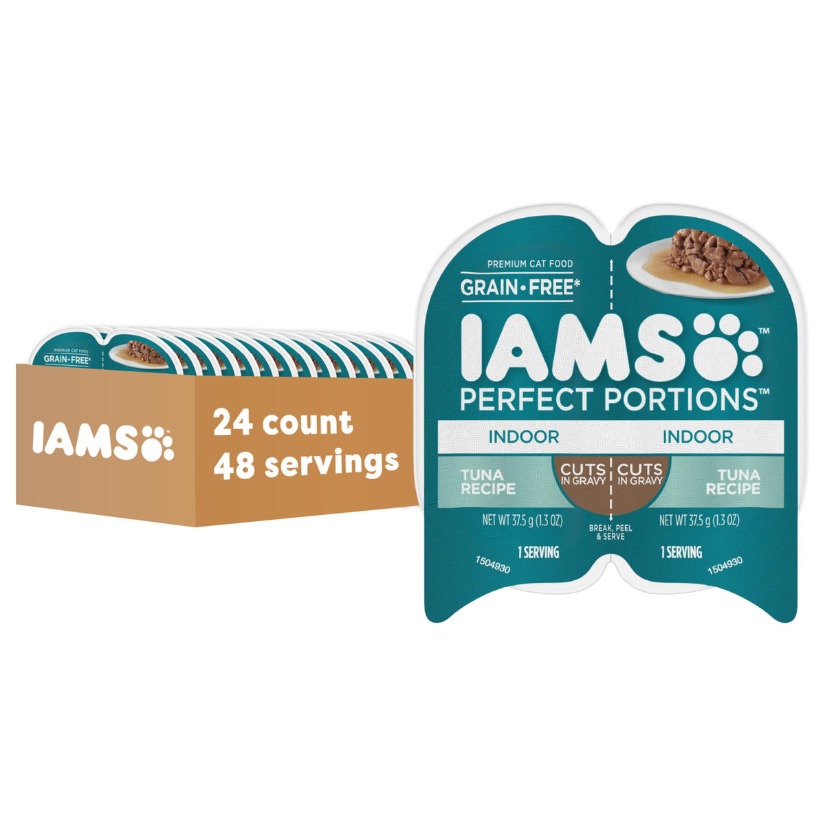 IAMS Perfect Portions grain-free tuna in gravy for indoor cats in a bowl, easy serving